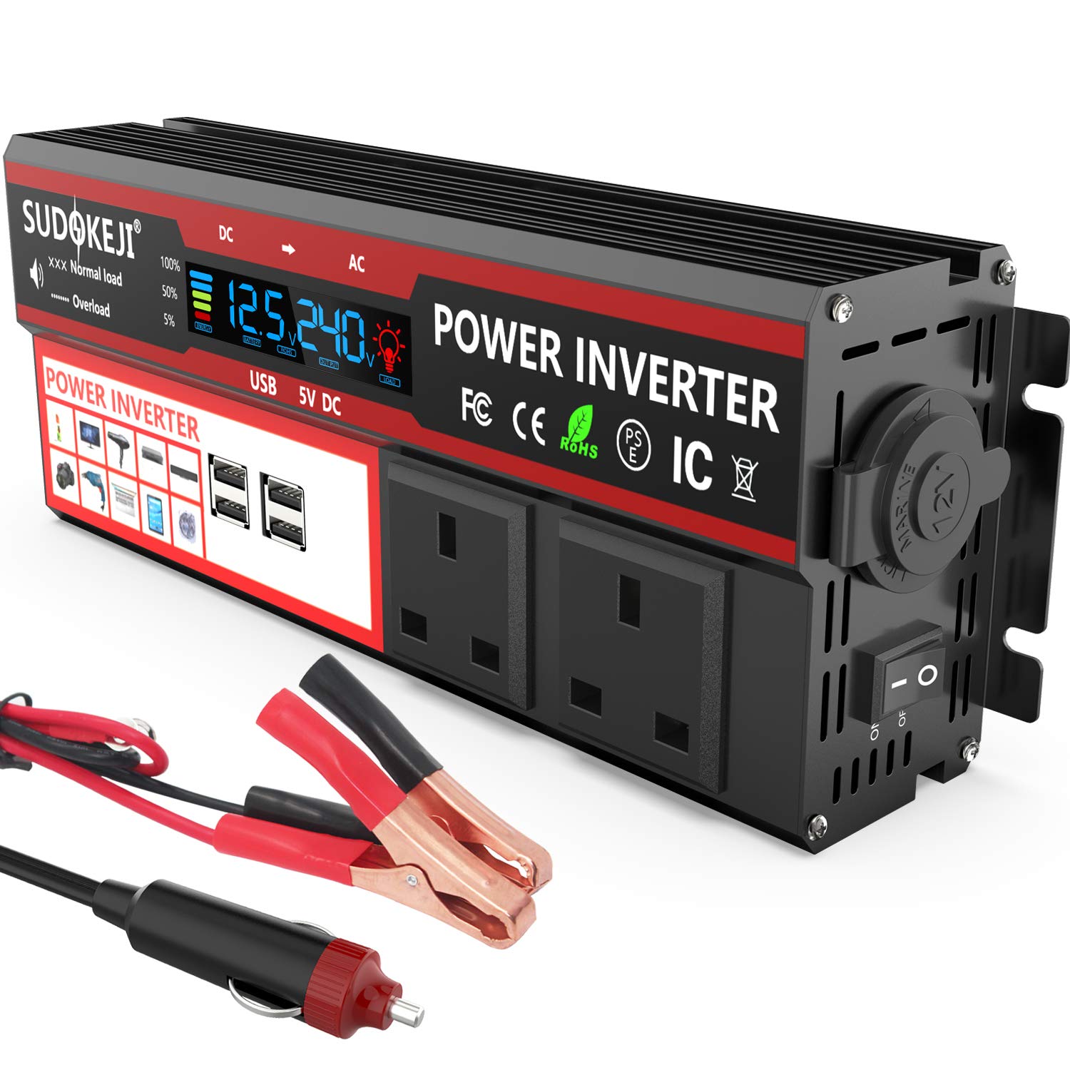 SUDOKEJI 850/2000W Power Inverter DC 12V to 230V 240V AC Car Converter with Dual AC Outlet,1 Cigarette Lighter Socket,4 3.1A USB Car Adapter Charger with LED Display for Car,Laptop,Electric Light