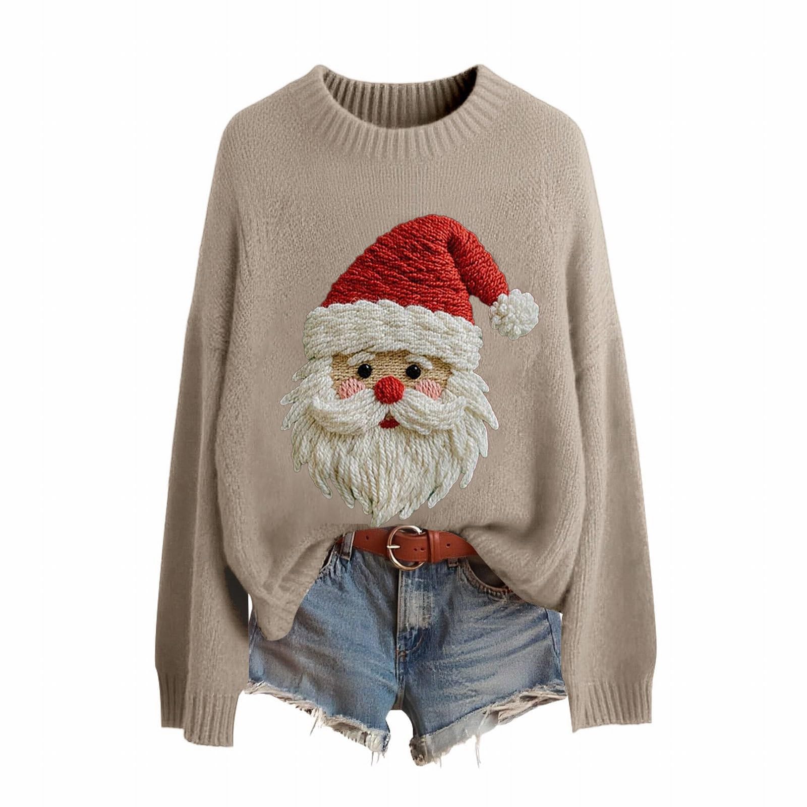 Christmas Jumpers for Women UK Fashion 3D Print Womens Knitted Jumpers Long Sleeves Ladies Xmas Sweaters Winter Warm Fleece Pullover Sweaters Comfortable Crew Neck Jumper Oversized Sweatshirts