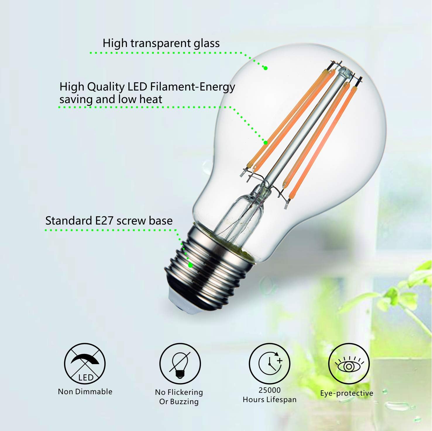 SD LUX LED Light Bulbs Screw E27 Vintage Filament LED Bulbs A60 Screw Bulbs No Flicker Non-dimmable Edison Bulbs 8W (75W Equivalent) 850LM Warm White 2700K 6 Packs(A60-E27) - Image 4
