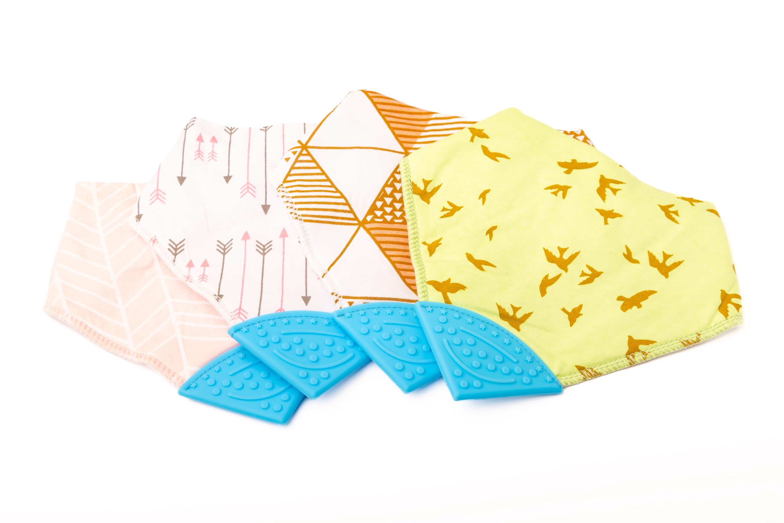 V&D HOME - Baby and Toddler Dribble Bib with Teether | 0-18 month Teething Bibs for Baby and Toddler | 100% BPA & Pthalate Free | Bandana bib with teether | 4 Pack (Mix and Blue)