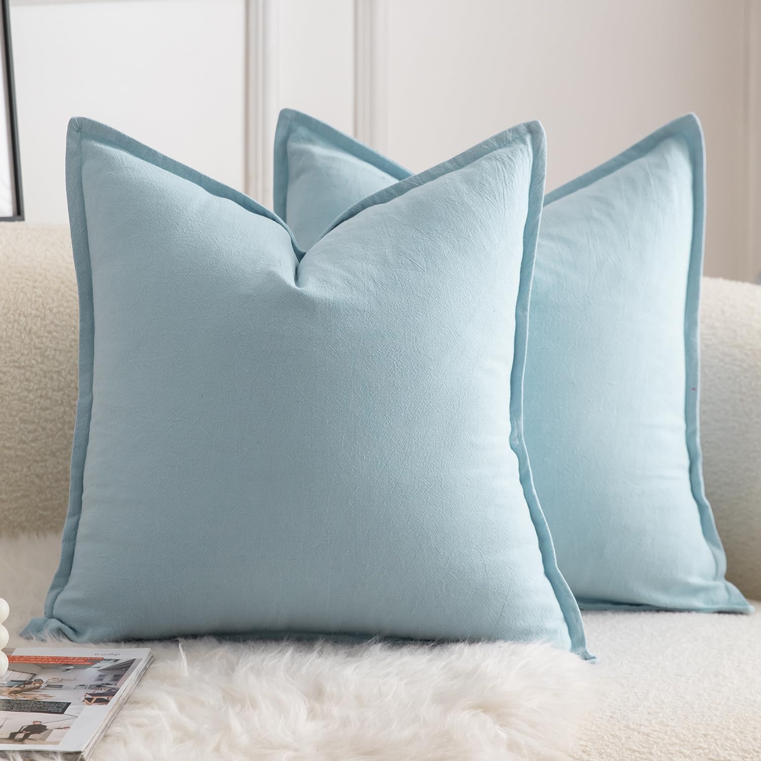 Photo 1 of MANDIOO Pack of 2 Neutral Cotton Throw Pillow Covers Solid Decorative Couch Pillow Covers Boho Farmhouse Cushion Covers Home Decor for Sofa Living Room Bed Bedroom 24 x 24 Inch Light Blue
