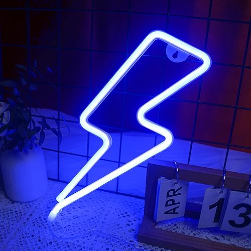 JEMESI Lightning Bolt Neon Light Blue Neon Light Signs Neons Lights for Walls USB/Battery Powered Night Lights Lightning LED up Signs for Bedroom Game Room Decoration