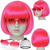 TIKJOYS (Wig Cap + Pink Bob Wig with Sunglasses for Women Short Straight Synthetic Colorful Neon Party Wigs for Halloween Costume Womens Pink Cosplay Wigs for Adults Halloween Anime Outfit