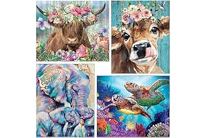 WUSARPLY 4 Pack 5D Diamond Paintings Kits for Adults, Animal Diamond Art Kits Cow Full Drill Diamond Dots Paint with Diamonds Elephant Sea Turtle Pictures Arts and Crafts for Adults Beginner Kids