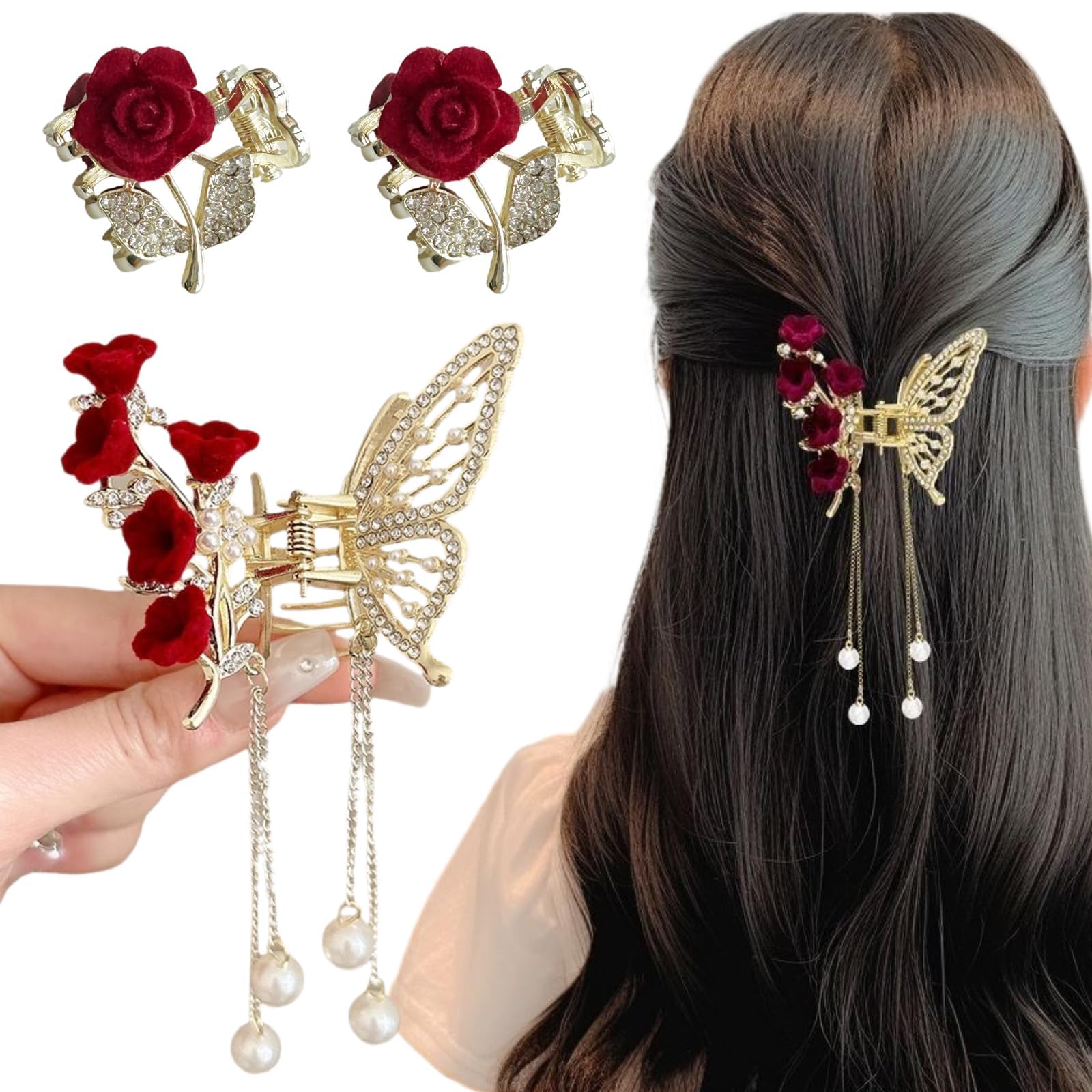 Ypkia Pack of 3 Butterfly Hair Clips Medium with Tassel Metal Small Flower Hair Clips Women for Women Girls Thin Hair Accessories