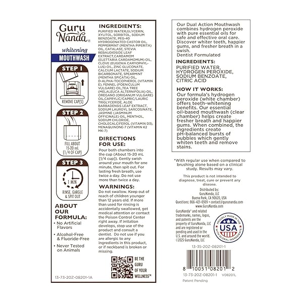 GURUNANDA TEETH WHITENING DUAL BARREL OXYBURST MOUTHWASH – ALCOHOL & FLUORIDE FREE, HYDROGEN PEROXIDE TO PROMOTE WHITER TEETH – WILD MINT – 20 FL OZ