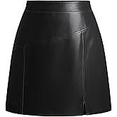 Kate Kasin Women Faux Leather Mini Skirt High Waisted A Line Short Skirt with Slit for Casual Work Club Party Night Out