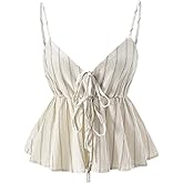 winkbay Women's Summer Striped Peplum Top Babydoll Tie Front Deep V Neck Crop Camisole Going Out Tops