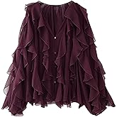 HangNiFang Ruffled Multi-Layered Summer Blouse for Women Trendy Semi See Through V-Neck Long Sleeve Button Chiffon Shirt Tops