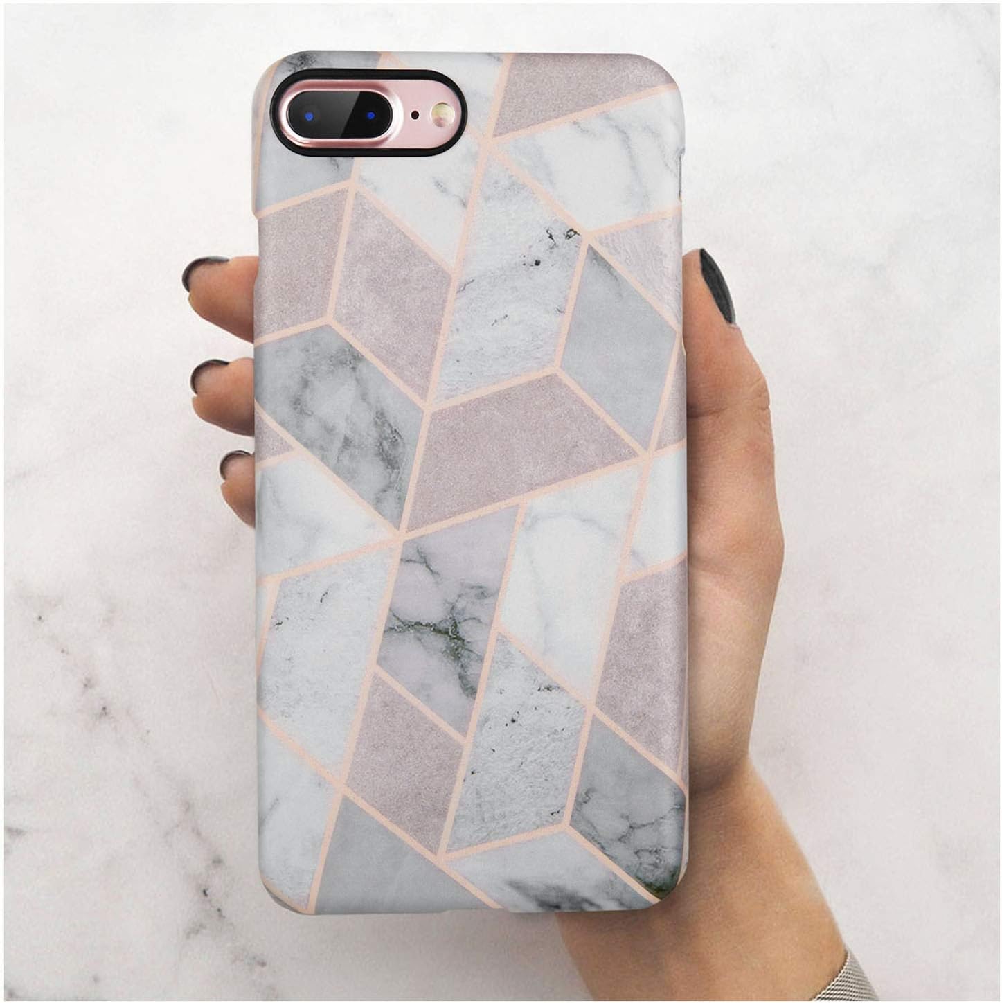FITEEN iPhone 7 Plus Case,iPhone 8 Plus Case, Gray Rose Gold Marble Geometric Design Clear Bumper TPU Soft Rubber Silicone Skin Cover Matte Protective Slim Phone Case for iPhone 7 Plus/8 Plus[5.5"]