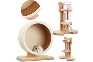 Sonwyoung 2 Pcs 7.9" M Size Wooden Hamster Wheels and Hamster Water Bottle Set Guinea Pig Running Silent Exercise Wheels Small Animal Water Dispenser Stand Holder for Guinea Pig Gerbil