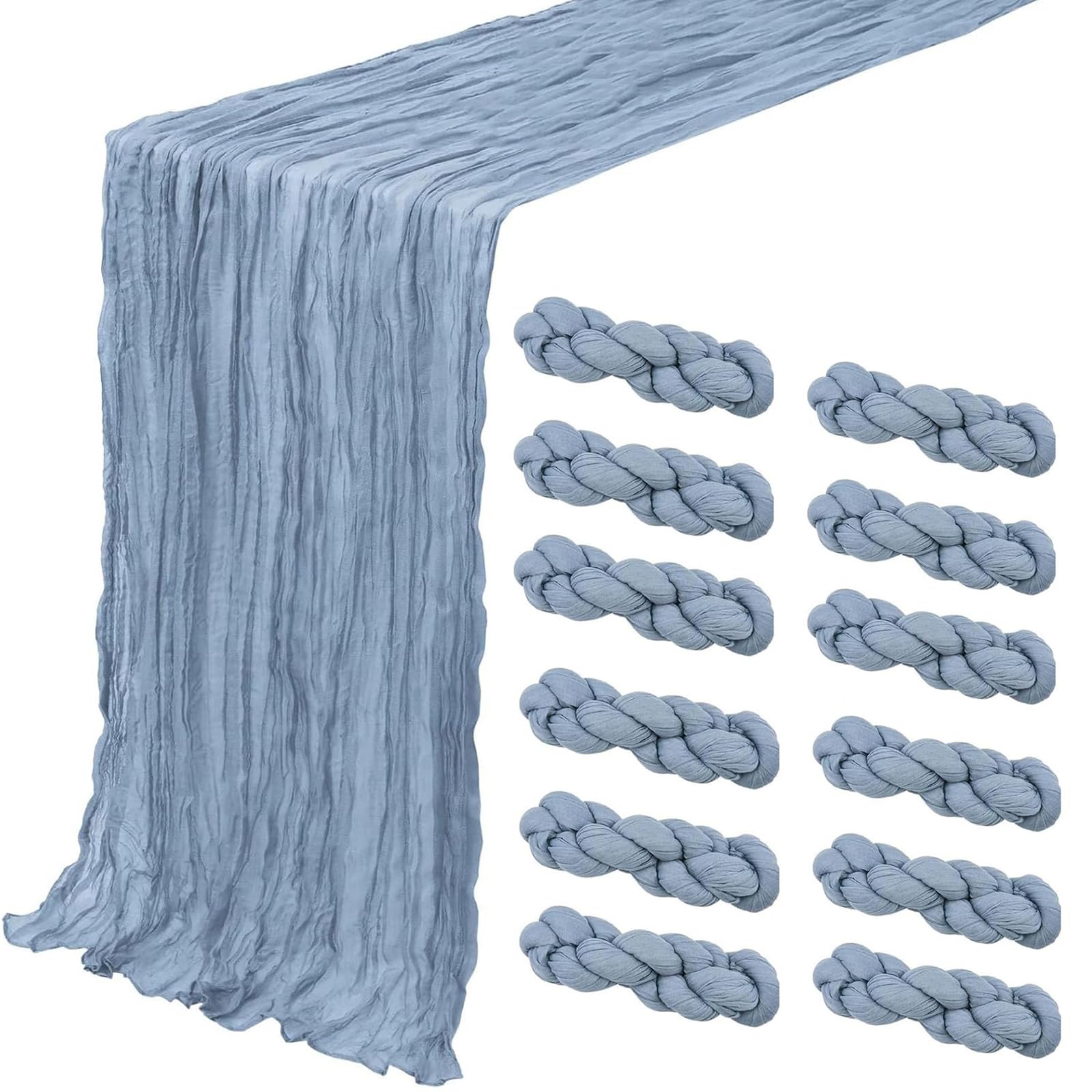 Photo 1 of 12 Pack Dusty Blue Cheesecloth Table Runner 35x120 Inch 10Ft Boho Gauze Fabric Table Runner Rustic Sheer Runner for Wedding Birthday Baby Shower Party Boho Table Decoration(Dusty Blue, 12 Pack)