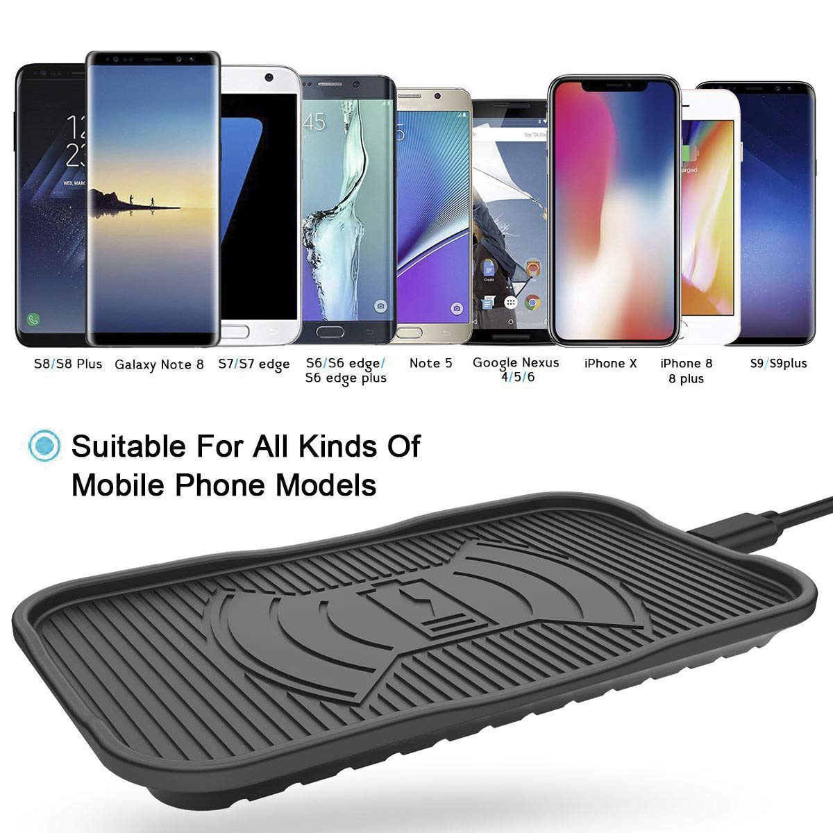 Silicone Wireless Charger Diglot 3-Coil IP67 Waterproof Standard QI Wireless Charging Pad for iPhone X/8/8 Plus and 10W Fast Wireless Charge for Samsung Galaxy S9/S9Plus/S8/S8Plus/S7-Black
