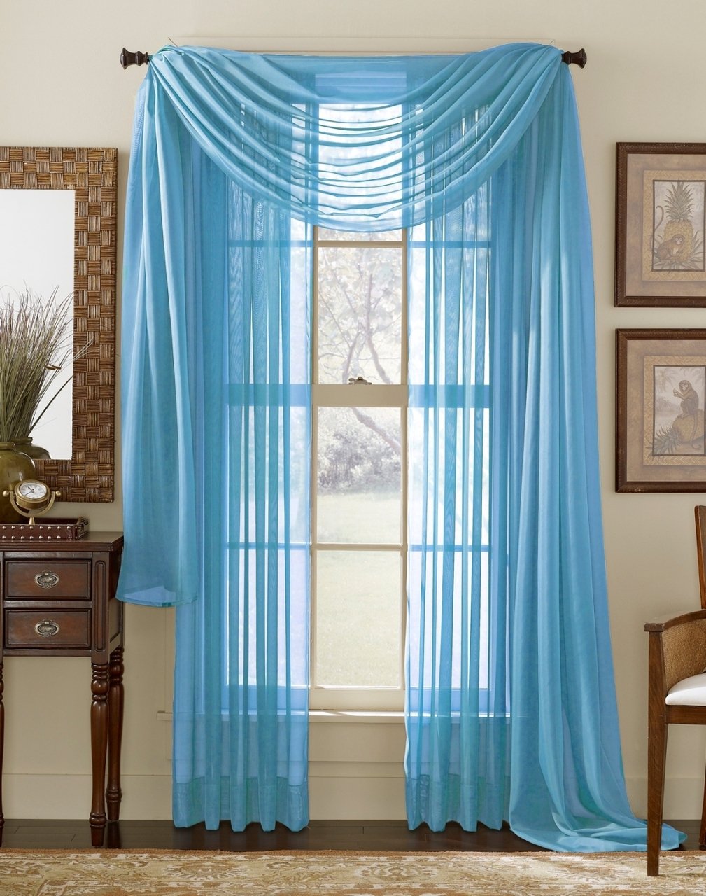 Comfy Deal 3 Piece Sheer Panel (2 Pieces 58" x 84") and Scarf Window (1 Pieces 37" x 216") Curtain Combo Set (Turquoise)