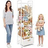 Puppiluv Stuffed Animal Storage, Metal Stuff Animals Zoo Holder with Fabric Drawer and Wheels Tall Vertical Plushies Toy Organizer Plush Storage Cage with Elastic Band for Nursery Playroom Corner