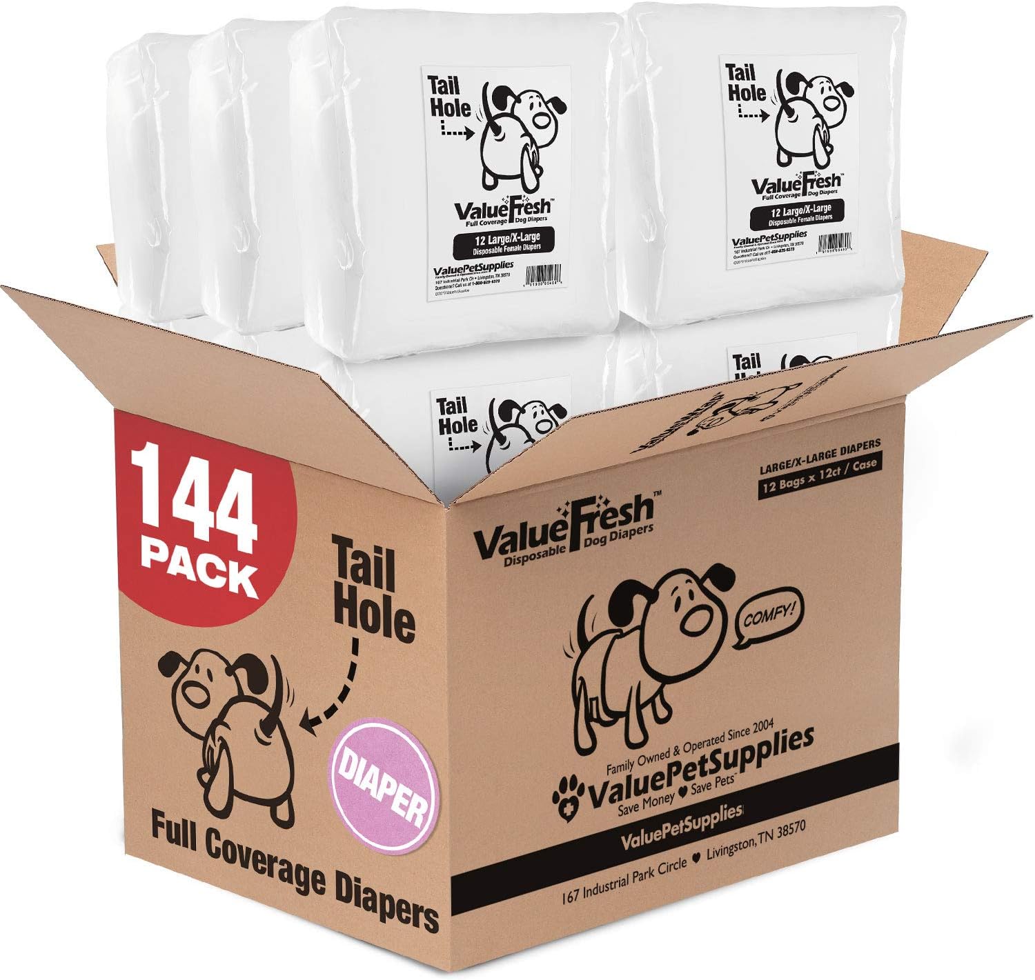 ValueFresh Disposable Diapers for Female Dogs, 144 Count - Full Coverage w/Tail Hole, Snag-Free Fasteners, Leak Protection, Wetness Indicator