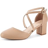 Greatonu Women's Low Block Heeled Dress Pumps Closed Round Toe Cross Strap Wedding Bridal Party Office Shoes 2.5 Inch