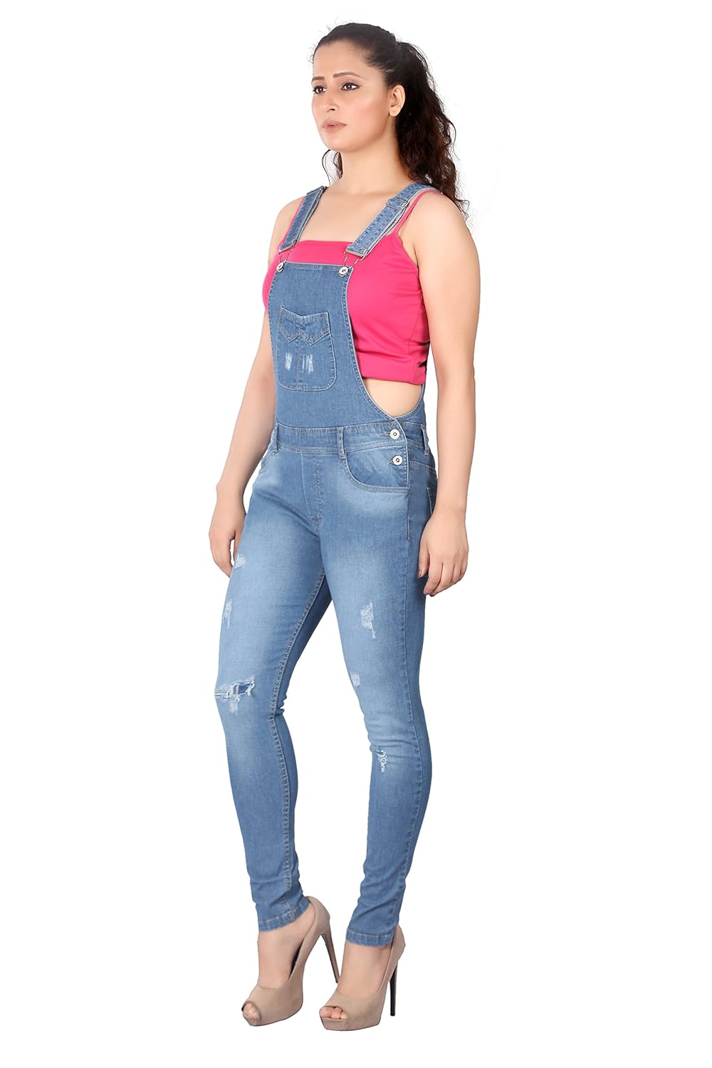 fck-3 women's mild distressed stretchable denim dungaree