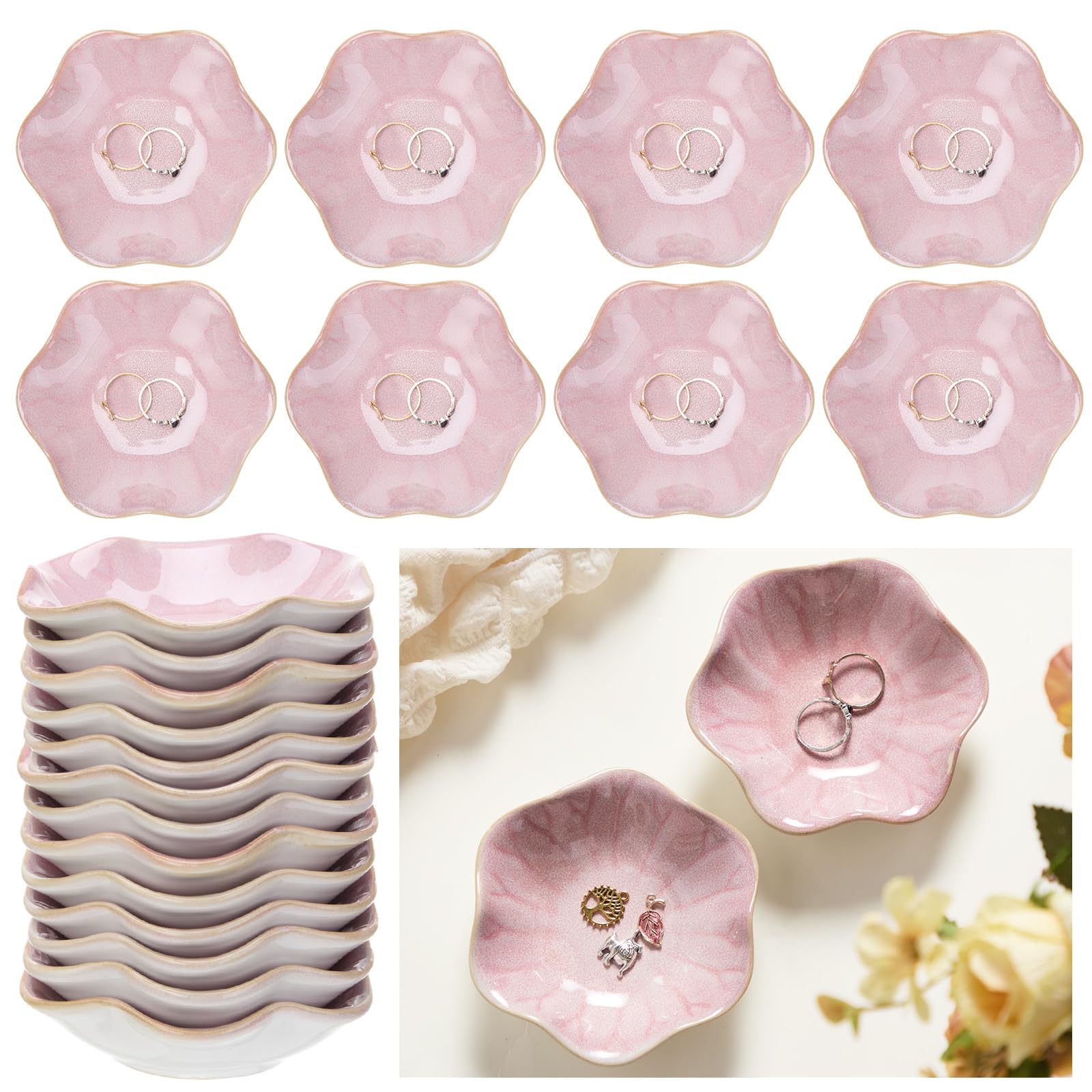 Photo 1 of Teenyyou 8 Pcs Ceramic Trinket Dish Lotus Leaf Jewelry Tray Small Ring Dish for Earrings, Rings, Jewelry Holder, Key Bowl(Pink)