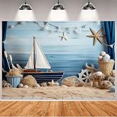 Nautical Rudder Theme Baby Birthday Banner Sailboat Ocean Beach Pirate Party Background Sailing Backdrop Boat Ship Backdrop Sailboat Boat Wooden Board Sailor Child Portrait Banner,7x5feet