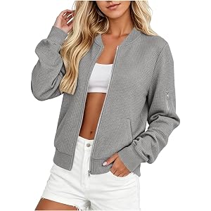 JOAU Women Bomber Jacket Sweatshirt Textured Zip Up Waffle Knit Top | Women Sweatshirt Textured Zip Up Waffle Knit Top Casual