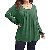 VNIRA Plus Size Long Sleeve T Shirt for Women Oversized Crew Neck Loose Fit Pleated Spring Fall Casual Tunic Top