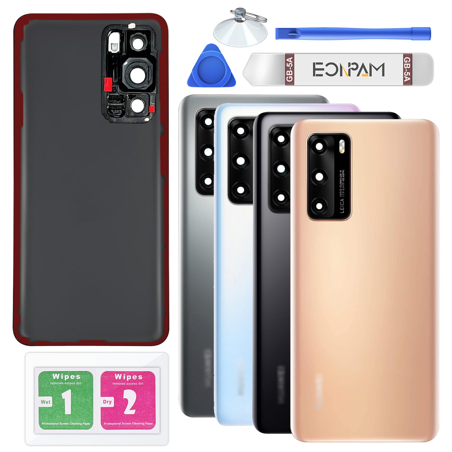 Eonpam Back Cover Glass for Huawei P40 Rear Glass Replacement with Camera Lens + Repair Kit Genuine Rear Housing（Gold）