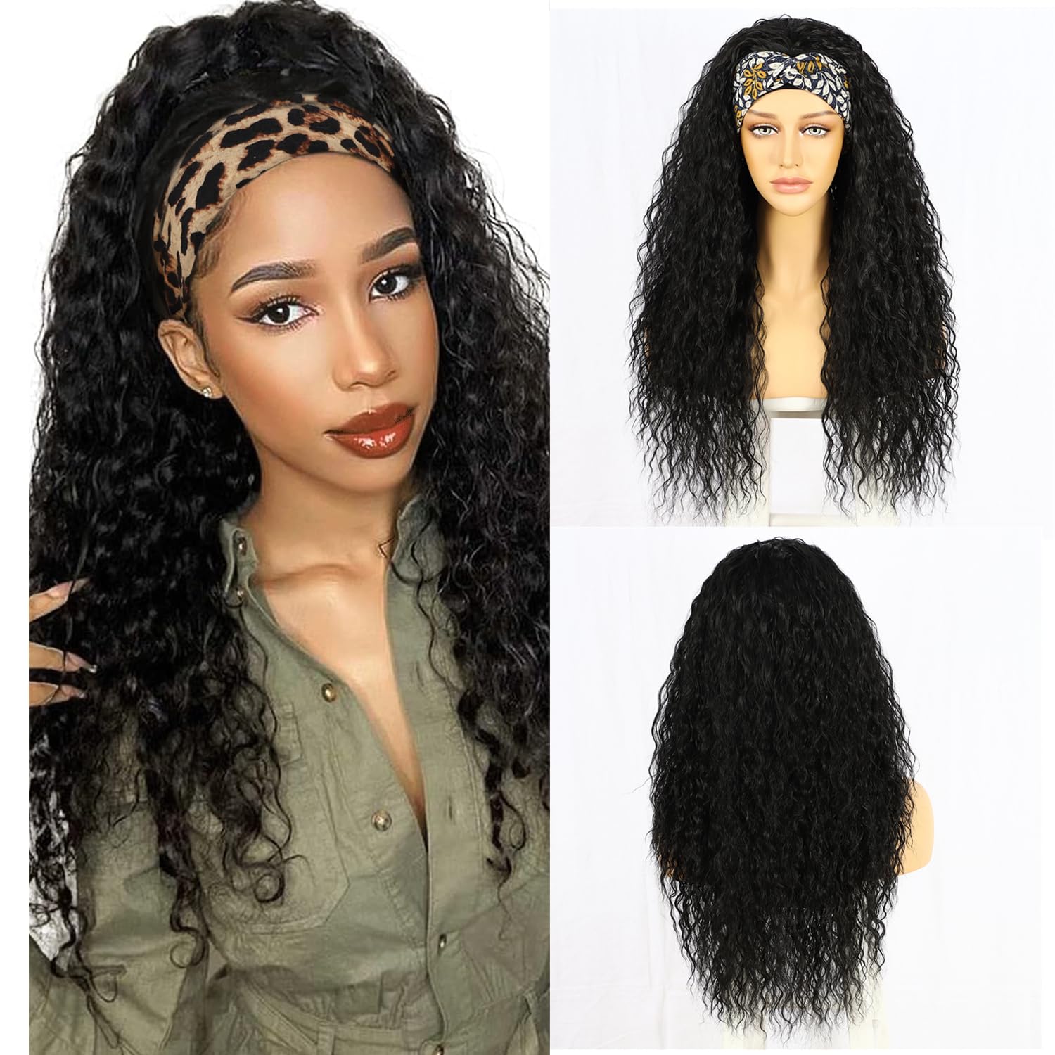 Sapphirewigs Curly Headband Wig Long Black Synthetic Hair Loose Water Wave Headband Wigs for Women Glueless 150% Density 26 inch