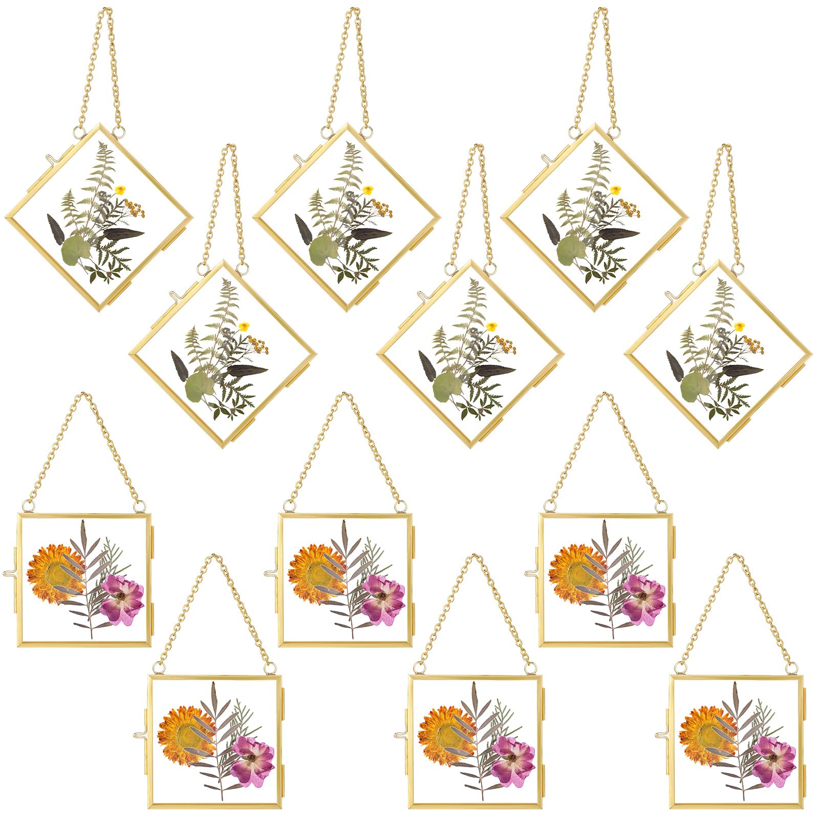 Photo 1 of DoubleFill 12 Pcs Christmas Hanging Clear Photo Frame Double Glass for Pressed Flower Floating Frame with Chain Display Gallery Artwork Horizontal Vertical Gold Metal Rectangle Wall Decor(4 x 4 Inch)
