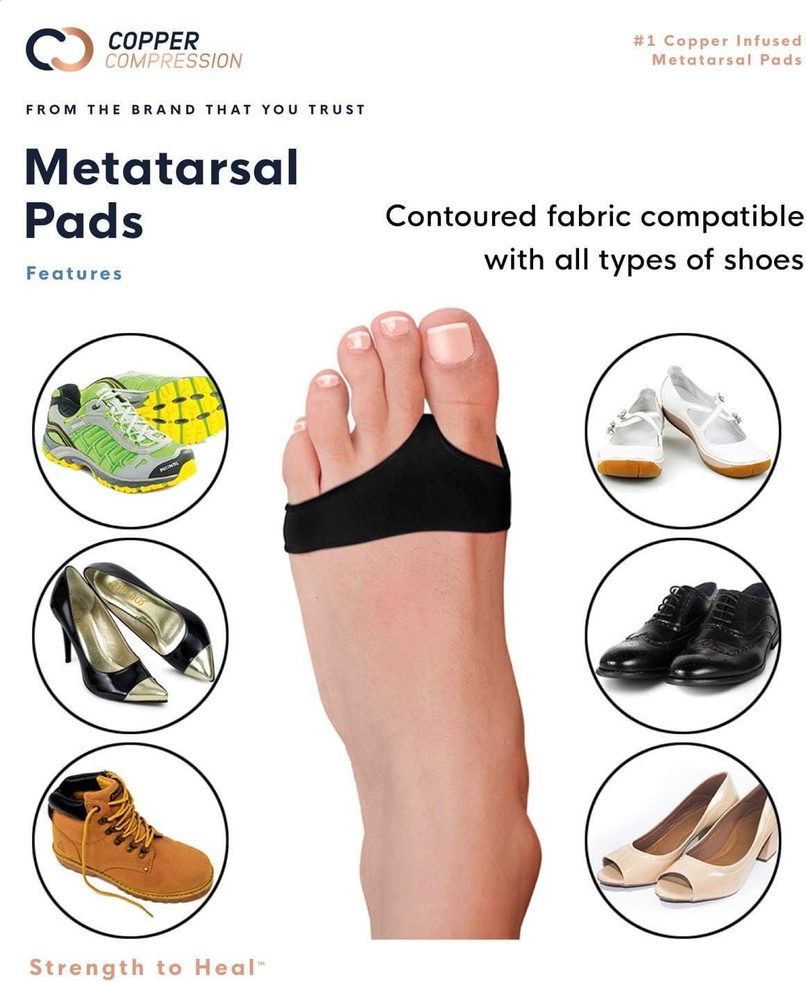 Copper Compression Metatarsal Pads for Women Men Guaranteed Highest Copper Foot Pads Ball of Feet Gel Ball of Foot Cushions Mortons Neuroma Sesamoiditis Metatarsul Incapsulitus Callus (Large/XL): Health & Personal Care