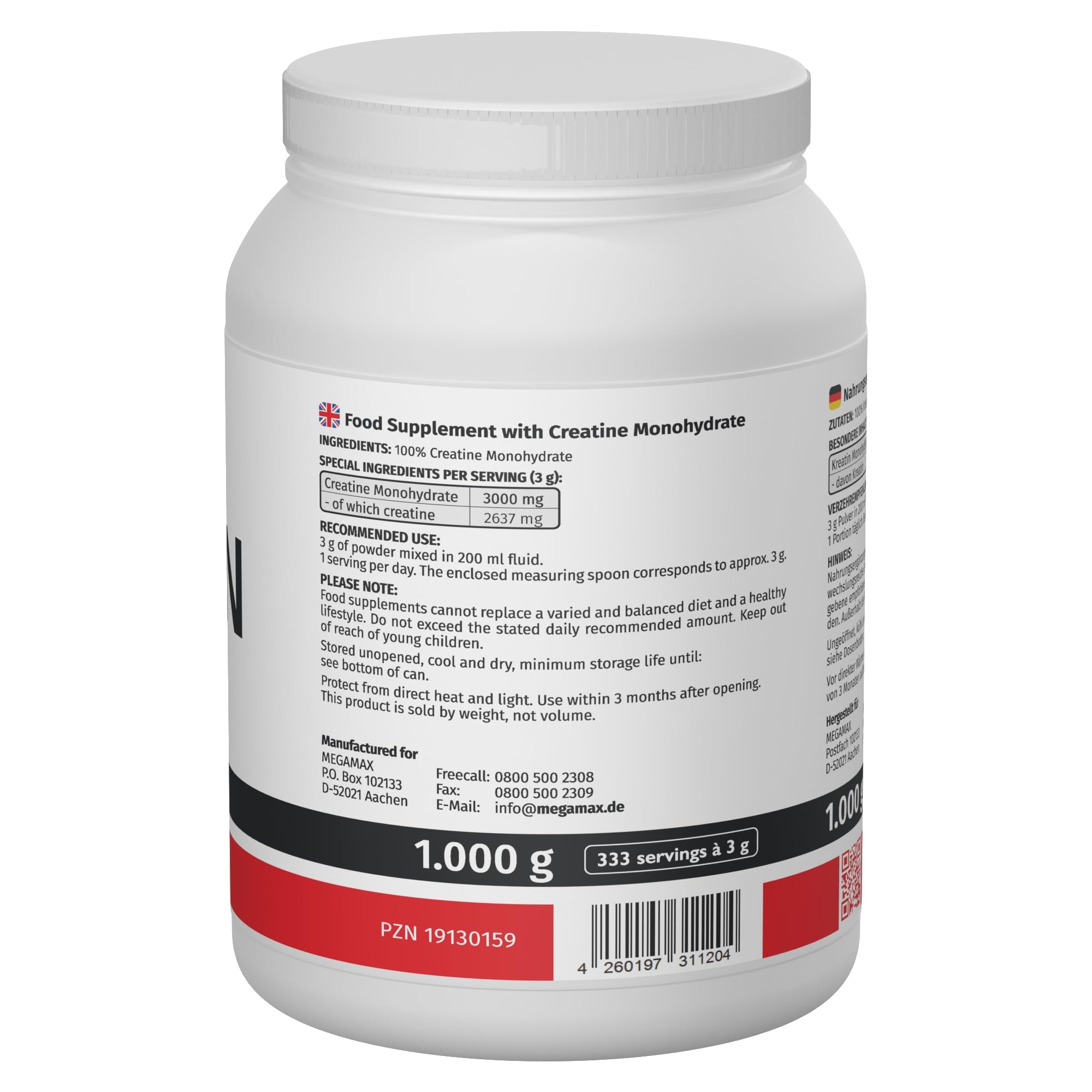 MEGAMAX Kreatin Pulver 1000 g -hochdosiert reines Creatin Monohydrat Creapure (Creapure, 1000 g) 2