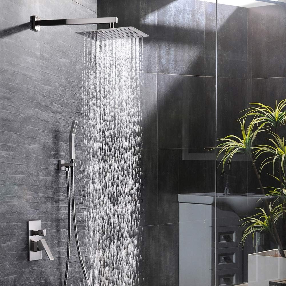 SR SUN RISE 12 Inches Bathroom Luxury Rain Mixer Shower Combo Set Wall Mounted Rainfall Shower Head System Brushed Nickel Finish Shower Faucet Rough-In Valve Body and Trim Included - - 