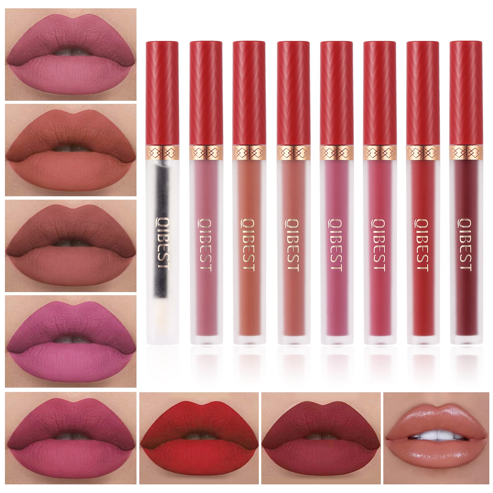 QiBest 8pcs Matte Liquid Lipstick with Lip Plumper