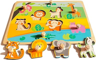 Funsland Wooden Animal Peg Puzzles for Toddlers Montessori Learning
