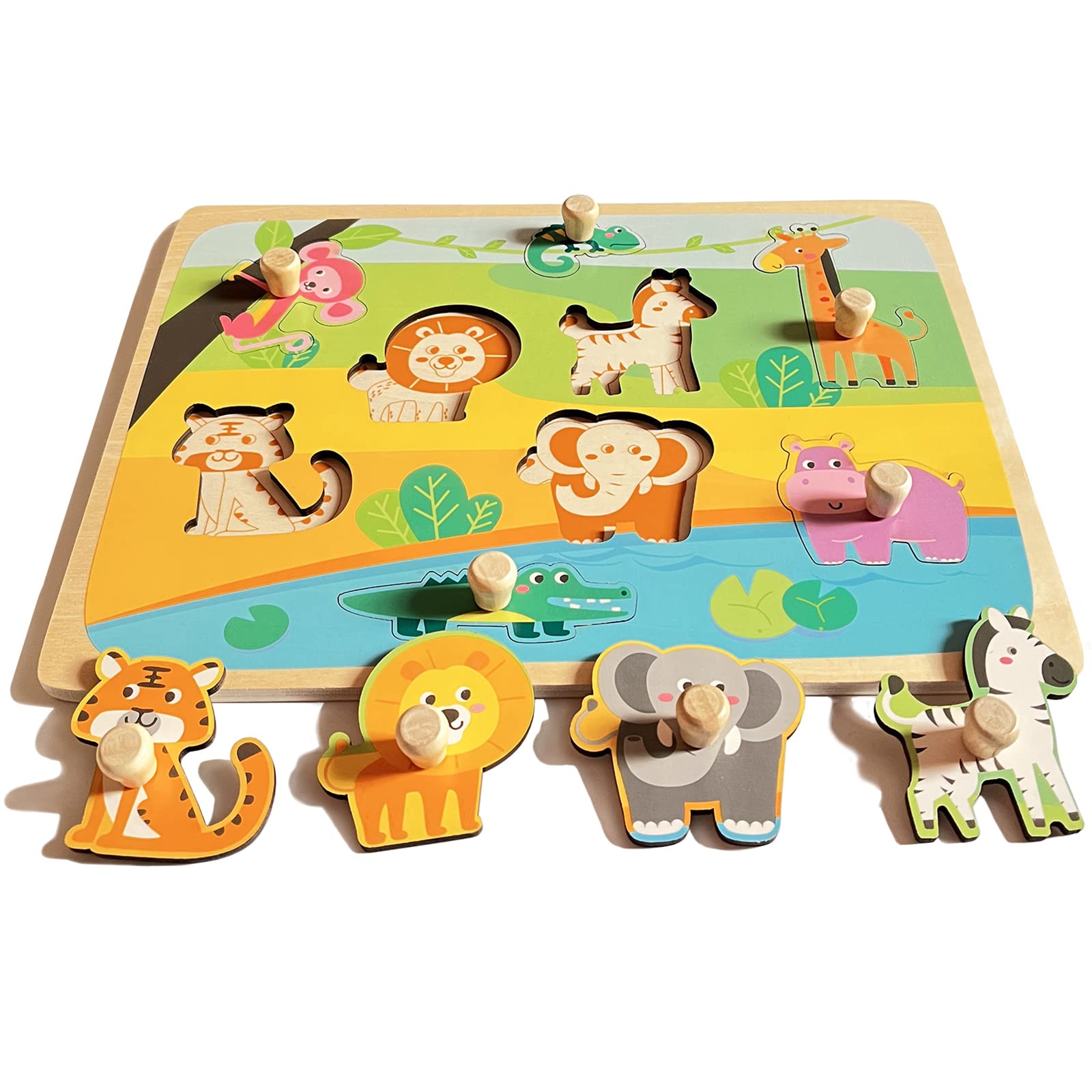 Funsland Wooden Animal Peg Puzzles for 2 Year Old, Montessori Learning Educational Toys, Infant Motor Skill Development Gifts for 2 3 Years Old