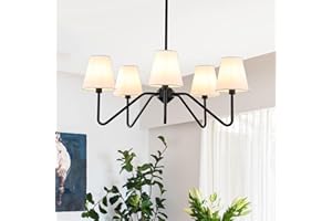 9MMML 30.5" 5 Arms Black Chandelier, 5 Lights Kitchen Island Lighting with White Fabric Shade,Dining Room Light Fixture for Hallway Entryway Foyer Living Room，E12.