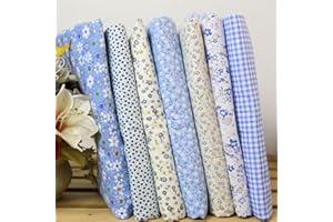 7 Pcs/Set 25x25cm Blue Quilting Cotton Fabric Squares Sheets Pre-Cut Multi-Color Design Printed Floral Craft Fabric for DIY S