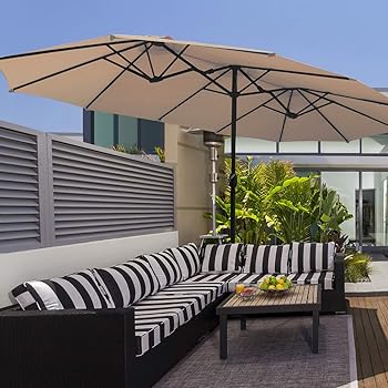 Amazon Com Tangkula 15 Ft Patio Double Sided Umbrella With Base Outdoor Extra Large Market Umbrella With Crank Handle Outdoor Twin Table Umbrella Base Included Umbrella With Crank And Base Beige Clothing