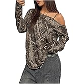 SOLY HUX Women's Camo T-Shirts Long Sleeve Cold Shoulder Loose Tee Shirts Vintage Streetwear