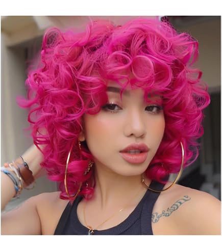 Amazon.com : YOSILADY Hot Pink Short Curly Wig with Bangs  display picture 3