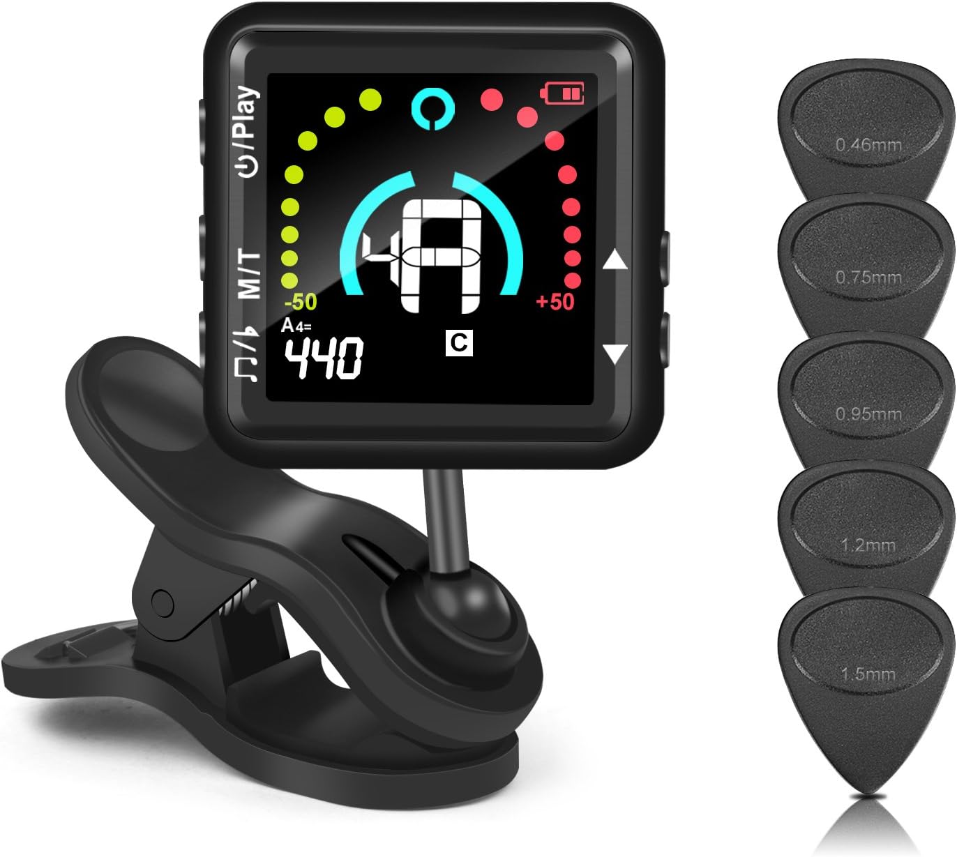 Clip On Tuner for Guitar,Rechargeable Tuner Clip On for Violin, Bass,Ukulele and Other Stringed Instruments with 5 Guitar Picks by Jomst,2 in 1（Tuner＆Metronome） (black)