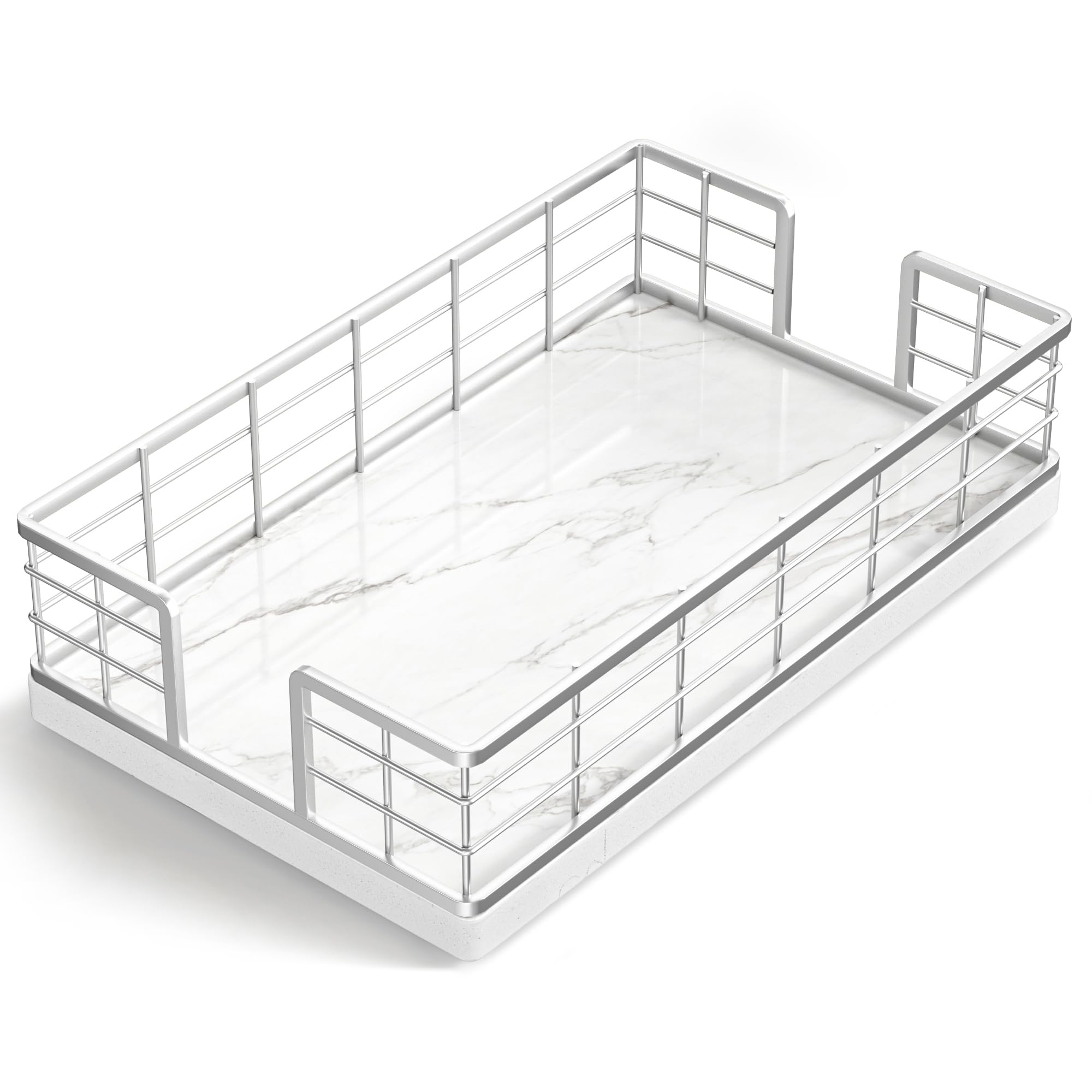 Photo 1 of Wican Marble Guest Towel Holder Tray for Bathroom, Napkins Holder for Powder Room Dinning Table Wooden Basket for Disposable Paper Hand Towels Silvery and Marble White