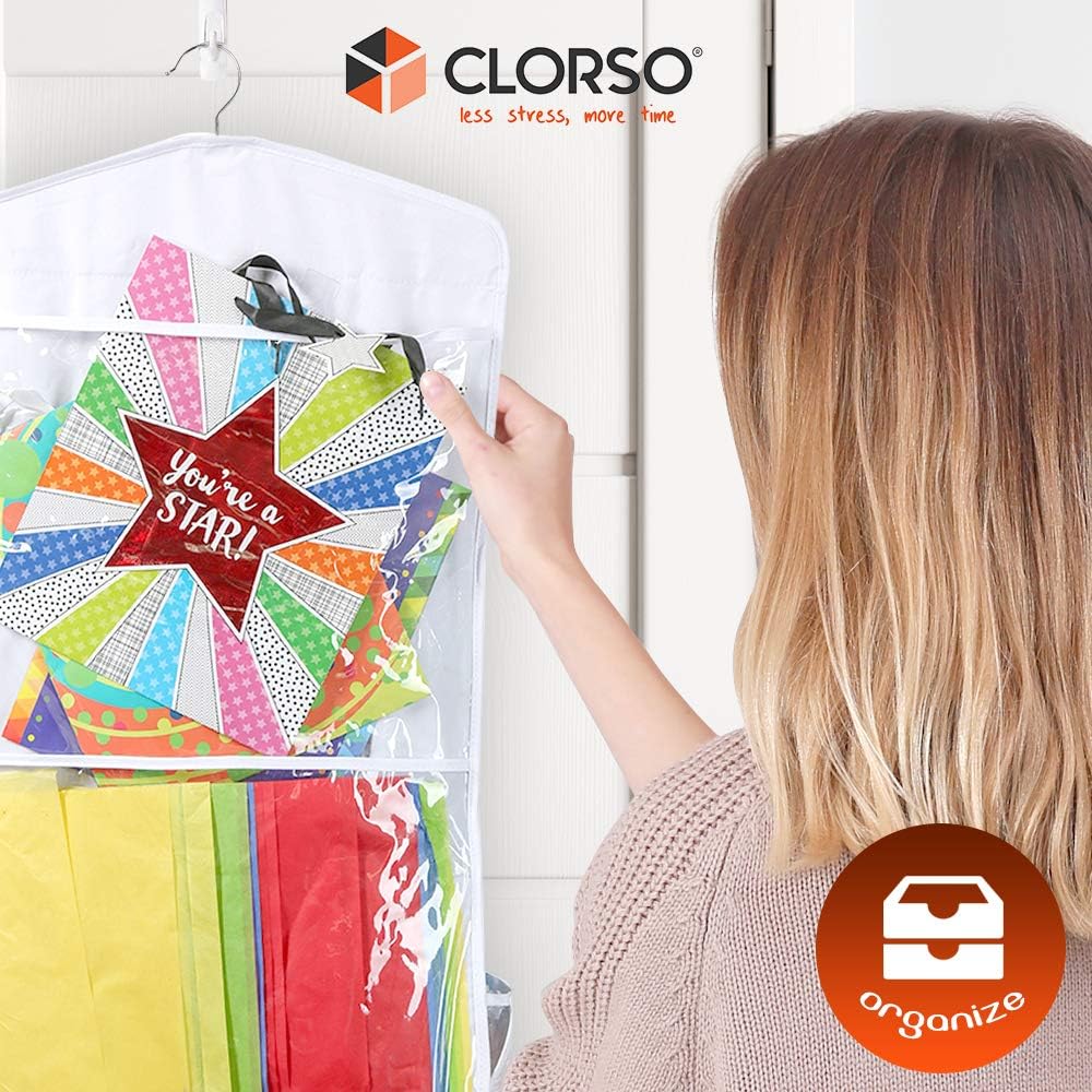 Clorso Hanging Gift Wrap Organizer: 40 Inch, Double Sided Wrapping Paper Storage Organizer - Extra Large and Easy To Use Clear Storage Bag with Hanging Hook, Labels, and Zippered Pockets - 8 Pockets: Home & Kitchen