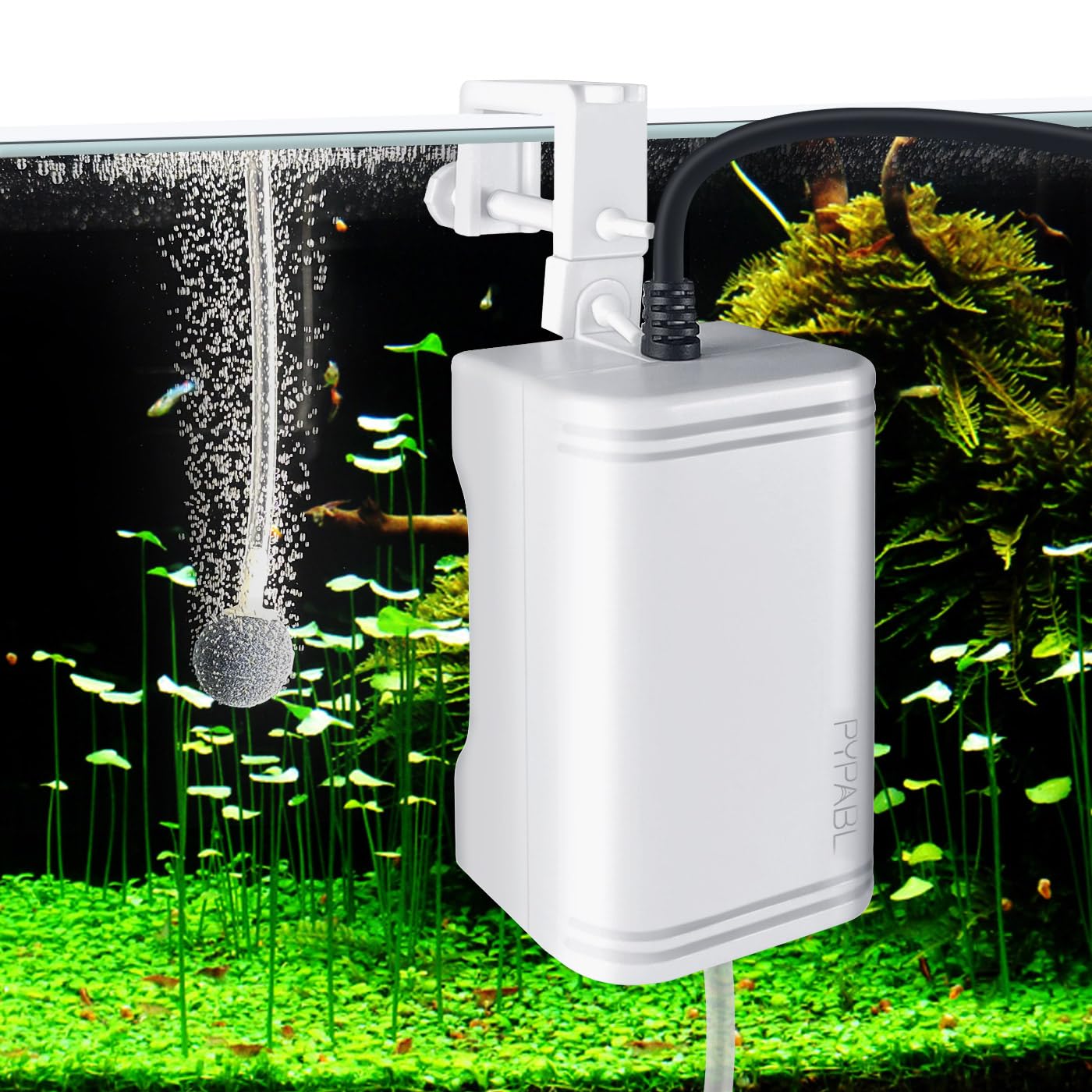 PYPABL Mini Aquarium Air Pump, Silent Hanging Fish Tank Oxygen Pump, Whisper Aerator for up to 75L Fish and Turtle Tank (1 Outlet)