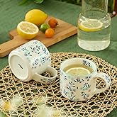 Artisanal Handcrafted Ceramic Coffee Mug - 12oz White Ceramic Tea Cup with Intricate Blue Purple Floral Design, Comfort Handle, Dishwasher Safe Traditional Mug for Home & Office Use - 2pack