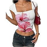 WDIRARA Women's Y2K Floral Print Ruched Tee Shirt Cap Sleeve Going Out Crop Tops