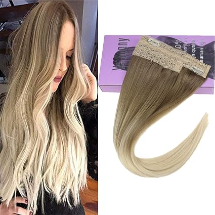 Vesunny 12inch Double Weft Fish Line Halo Hair Extensions Balayage Human Hair Dark Golden Blonde Fading To Platinum Blonde Remy One Piece Hair