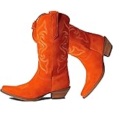 LEHOOR Cowboy Boots Women Embroidered Mid Calf Western Boots Stacked Low Heel Pointed Toe Pull On Cowgirl Boot 4-11 M US