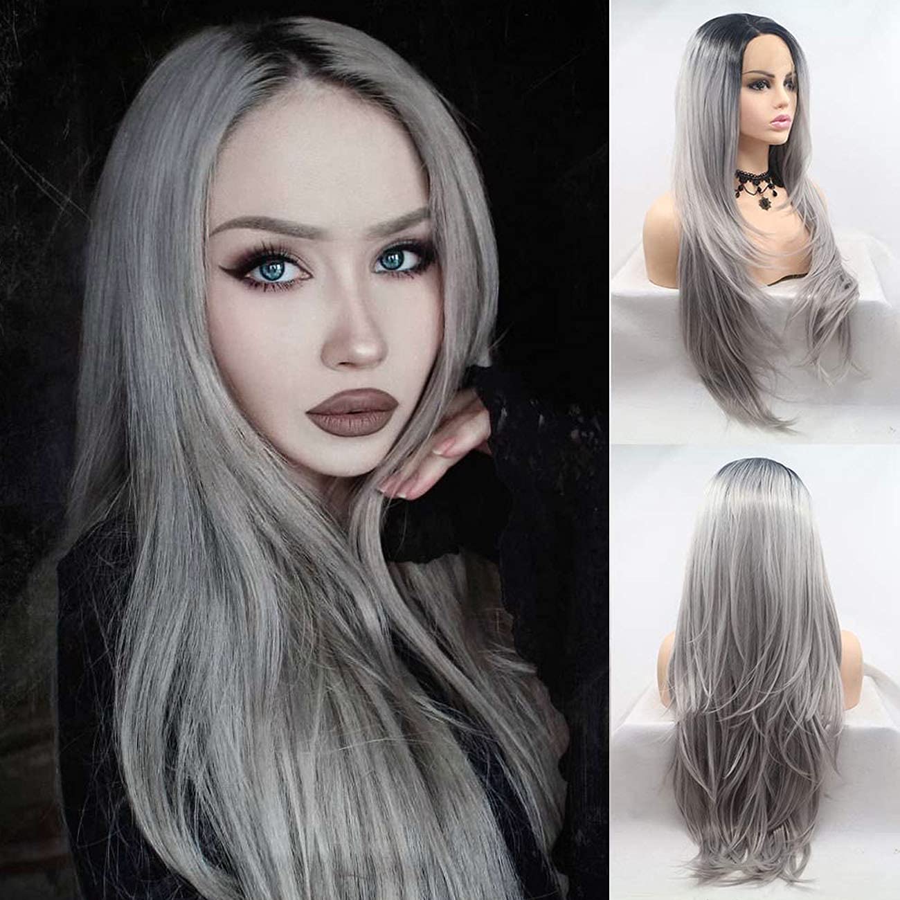 Ombre Grey 2 Tones Synthetische Lace Front Pruik Dark Roots Zijdeel Lang Natuurlijk Recht Zilvergrijs Vervanging Haarpruiken voor vrouwen Hittebestendig Vezelhaar Half handgebonden 24 inch
