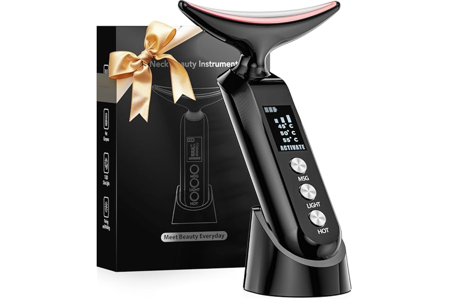 2025 Upgraded Facial Neck Massager Portable Charging Dock – 3 Heat Settings, Vibrating Face Massage, 9-Color LED Light & 72Hrs Battery | Home Spa Travel Skincare – Black